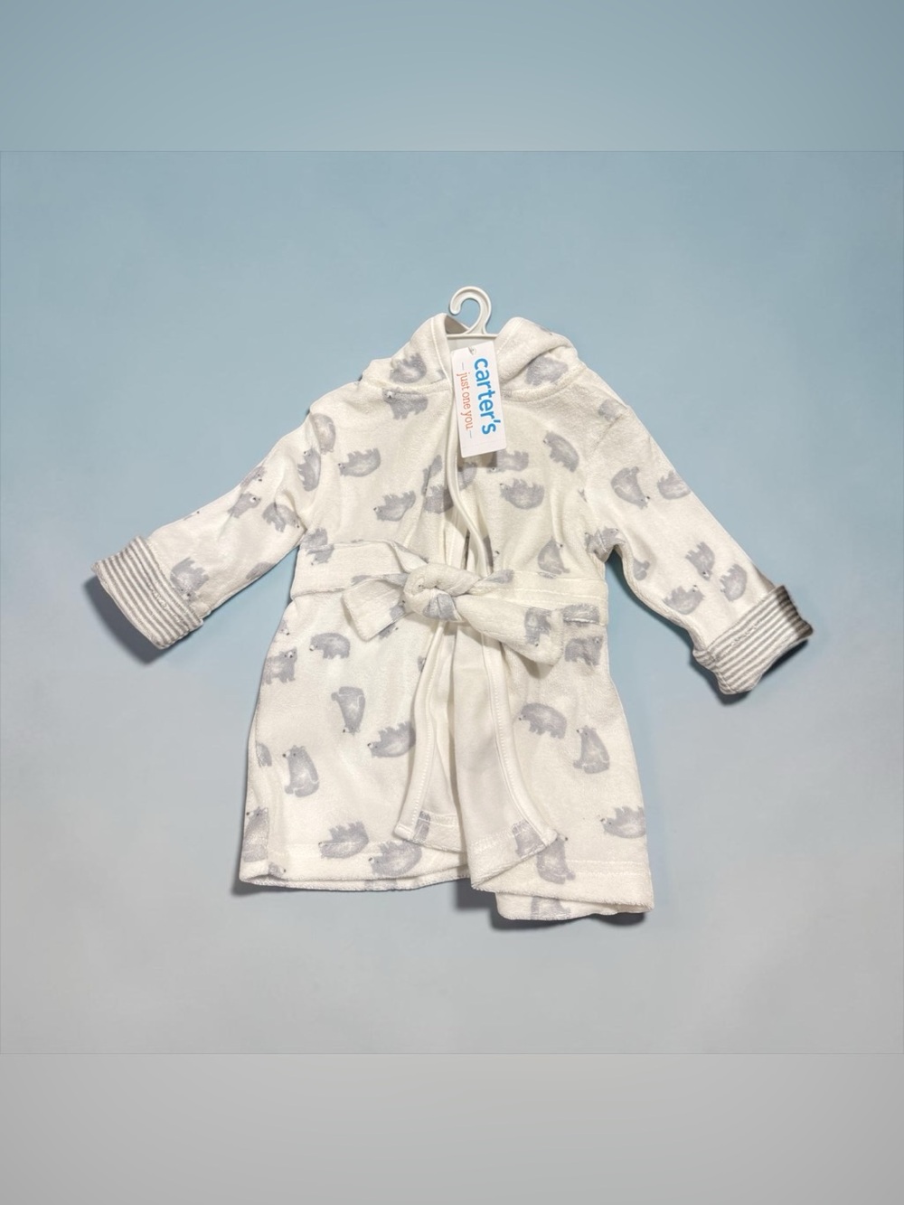 Carter's White & Gray Bear Print Hooded Baby Robe 0-9 Months